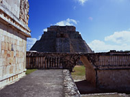 Pyramid of the Magician West Side at Uxmal Ruins - uxmal mayan ruins,uxmal mayan temple,mayan temple pictures,mayan ruins photos